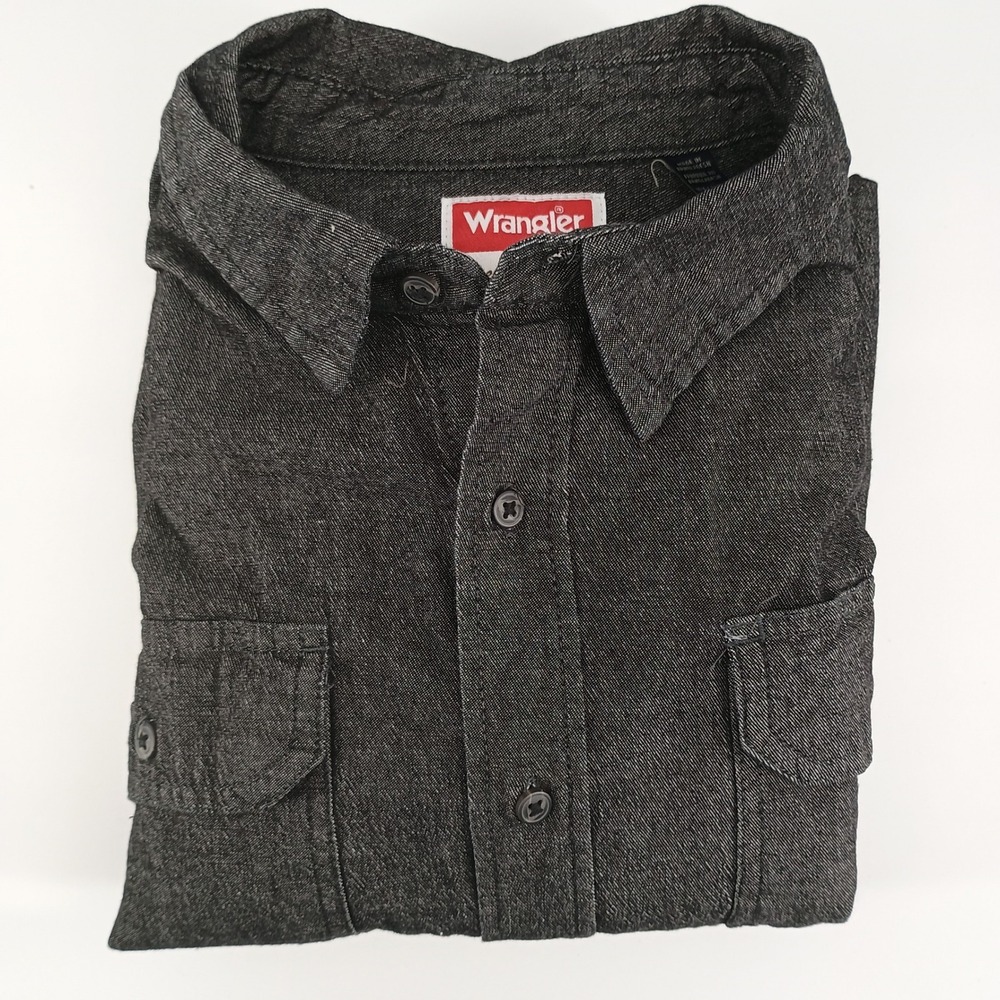 Wrangler Mens Button Down Shirt Comfort Flex Charcoal Gray Cotton Stretch L Good